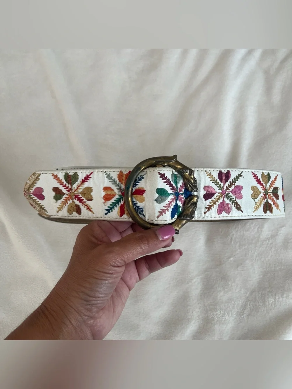 Vintage 70's Bechelli Embroidered Belt Tiger Head Brass Buckle Ivory Floral Boho